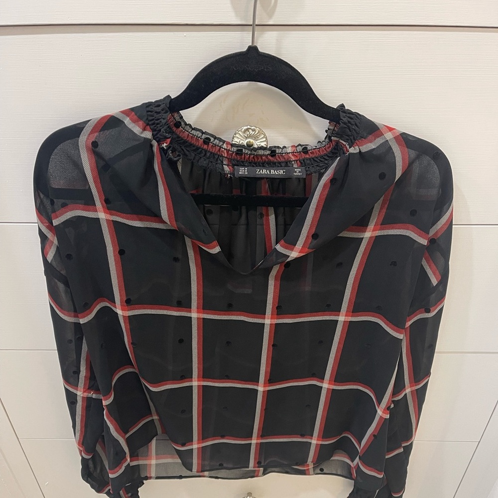 Zara windowpane blouse with subtle velvet dots size M - Picture 8 of 8